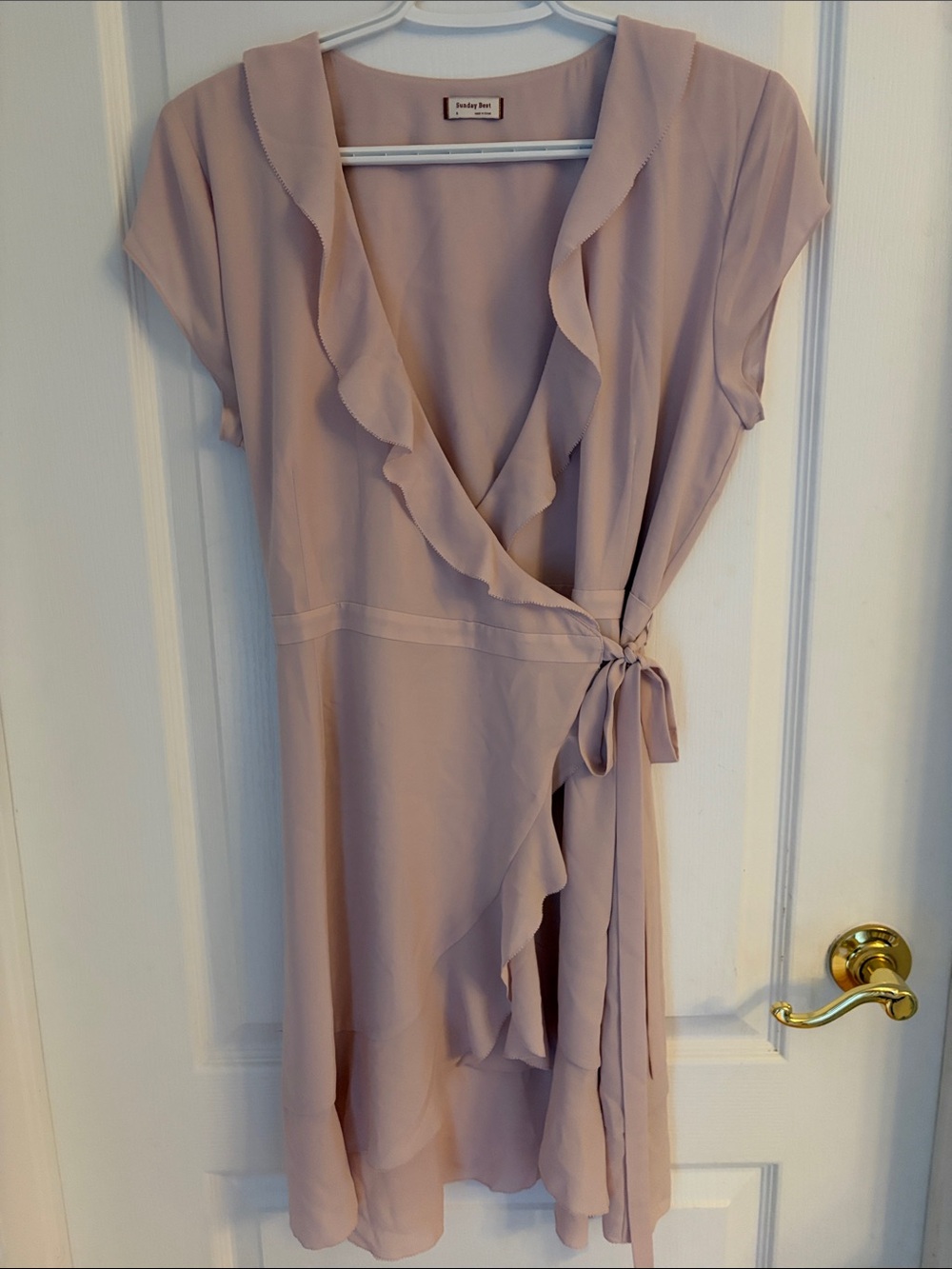 Sunday Best Dusty Blush Wrap Midi Dress with Ruffle Trim